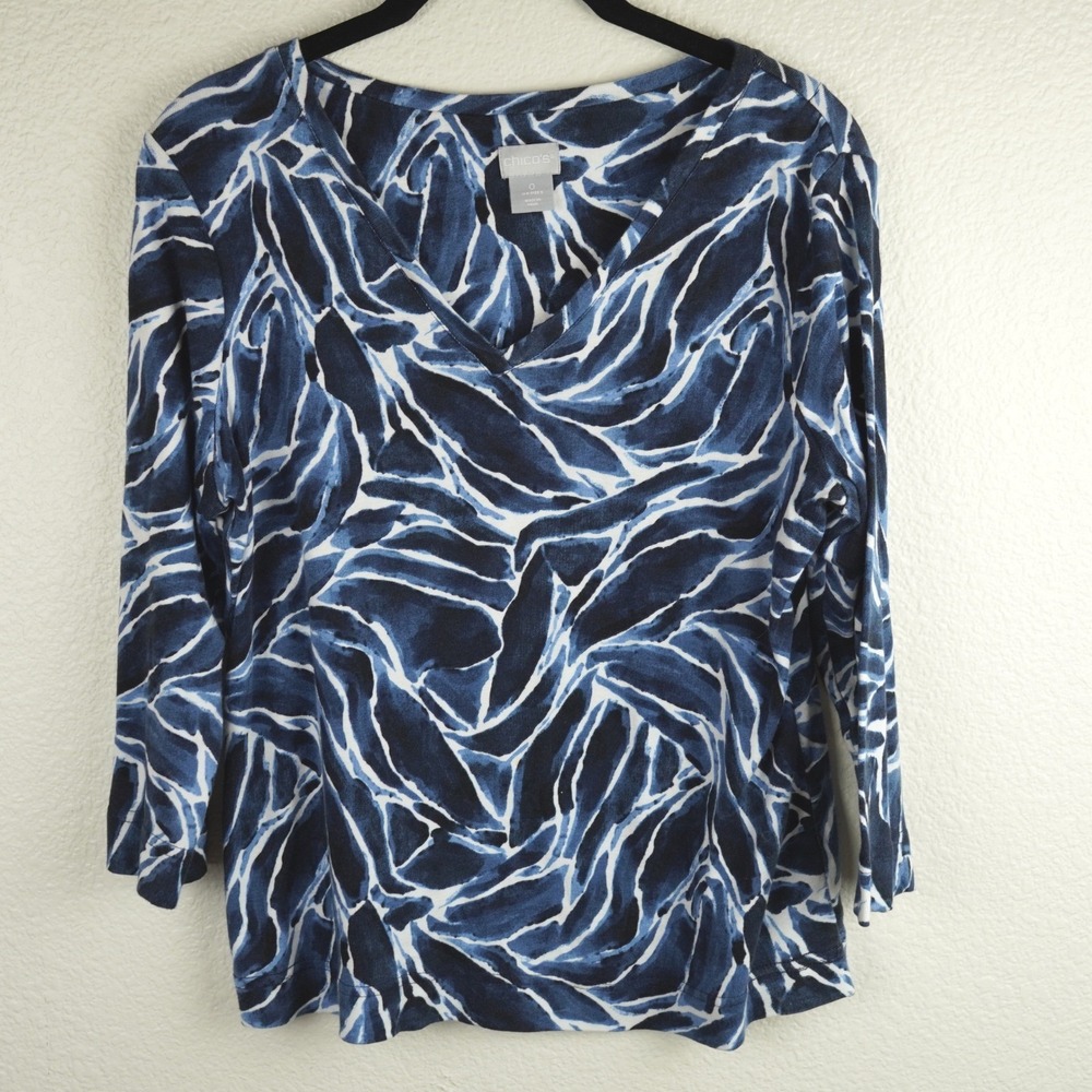 Chico's Womens Abstract‎ Long Sleeve V Neck Top Blouse Capsule Casual Size 0 S